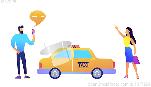 Image of Businessman ordering a taxi from smartphone and businesswoman catching it vector illustration.