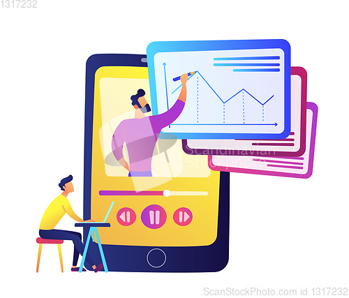 Image of Student watching recorded lesson on huge smartphone with teacher drawing chart vector illustration.