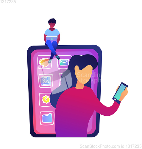 Image of Young woman with laptop sitting on huge smartphone and women using smartphone vector illustration.