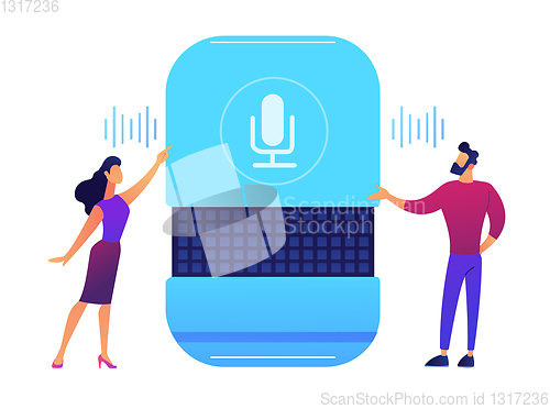 Image of Users giving voice commands to smart speaker vector illustration.