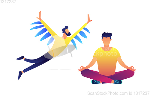 Image of Businessman with wings flying and another meditating in lotus pose vector illustration.