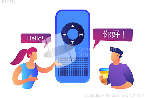 Image of Two users speaking different languages and smart language translator vector illustration.