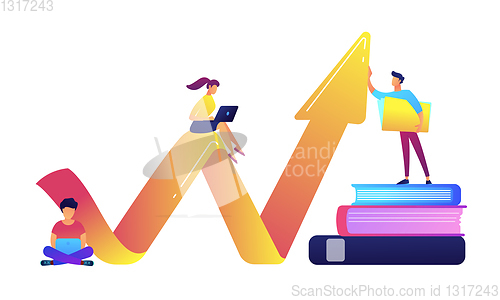 Image of Business team with laptops sitting on big growth arrow vector illustration.