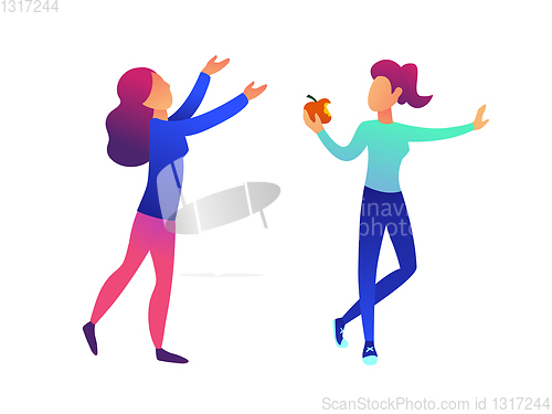 Image of Woman eating an apple and another woman with hands up vector illustration.