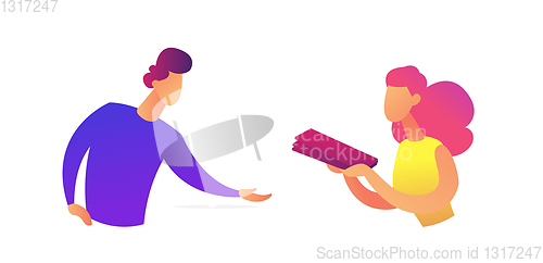 Image of Businesswoman passing folder with documents to businessman vector illustration.