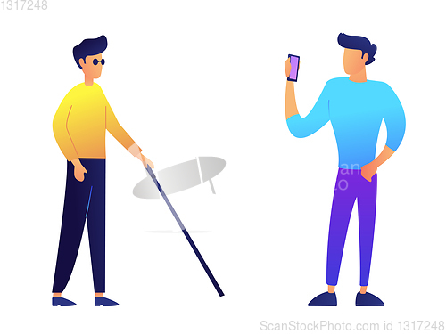 Image of Blind man with walking cane and user with mobile phone vector illustration.