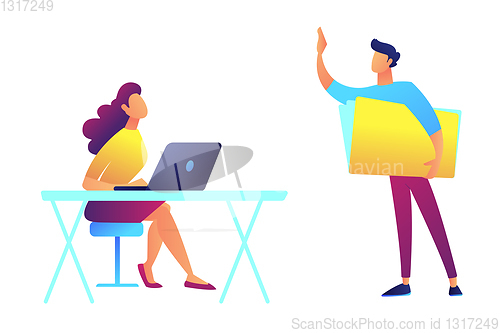 Image of Teacher standing and pointing and student sitting at the desks vector illustration.