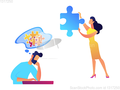 Image of Businessman trying to solve puzzle and woman with necessary piece vector illustration.