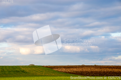 Image of Landscape with plowed field and blue sky.
