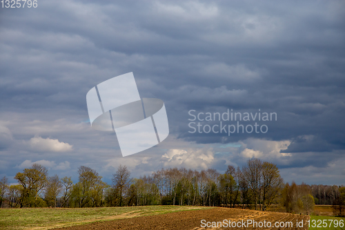 Image of Landscape with plowed field, trees and blue sky