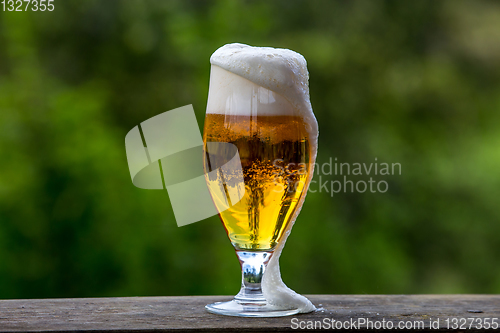 Image of Glass of beer on green nature background. 