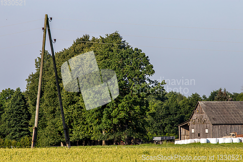 Image of Hay bales in the meadow near the barn.