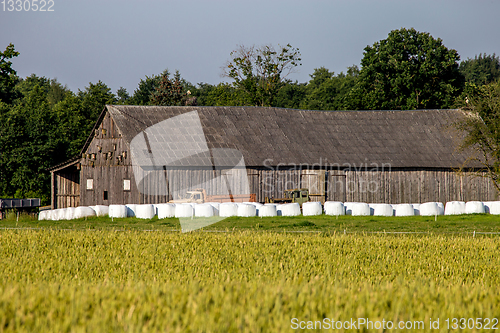 Image of Hay bales in the meadow near the barn.