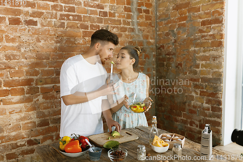 Image of Young couple cooking and recording live video for vlog and social media
