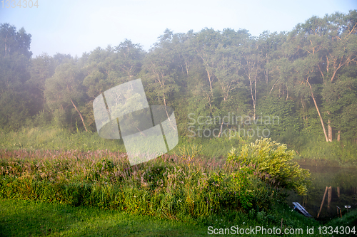 Image of Landscape with mist on river bank.