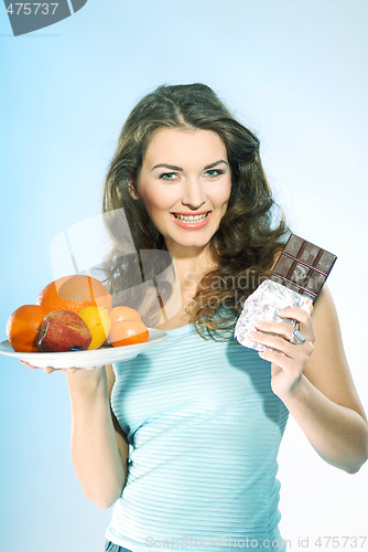 Image of A woman with fruits and chocolate