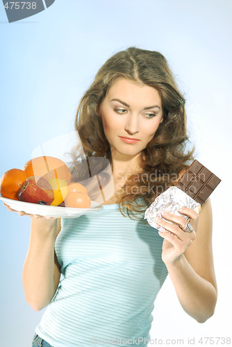 Image of A woman with fruits and chocolate