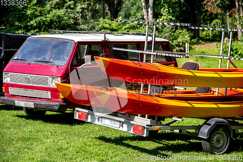 Image of Kayaks for rent near to the river.
