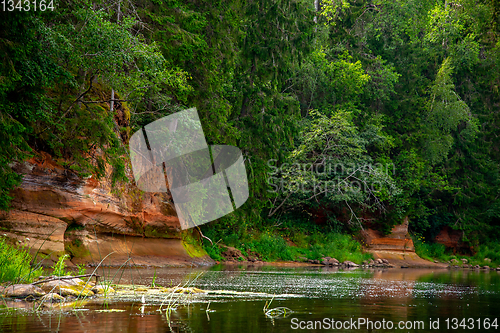 Image of Landscape with river, cliff  and forest in Latvia.