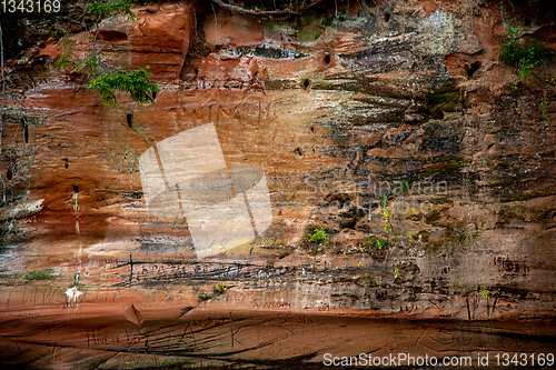 Image of Red sandstone cliff near the river.