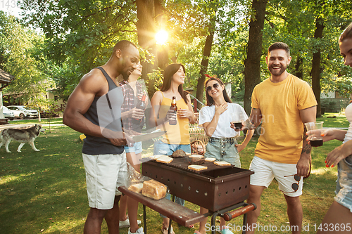 Image of Happy friends are having beer and barbecue party at sunny day