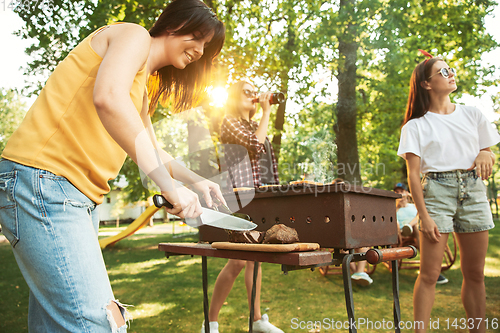 Image of Happy friends are having beer and barbecue party at sunny day