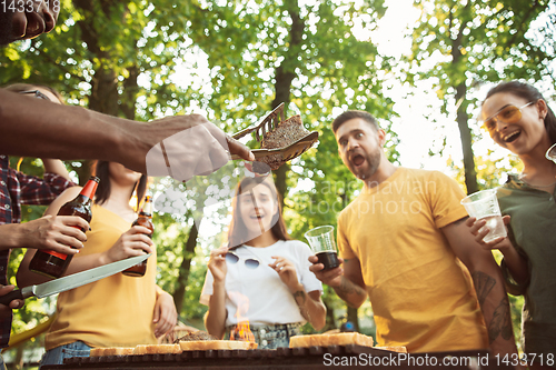 Image of Happy friends are having beer and barbecue party at sunny day