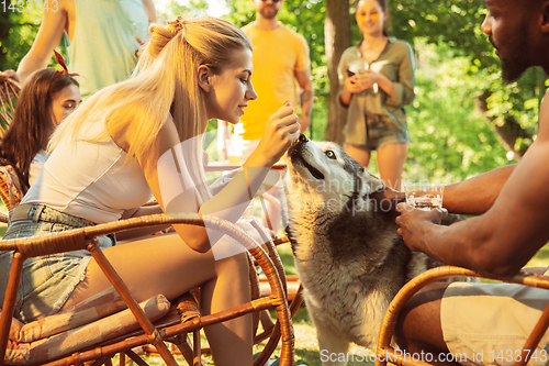 Image of Happy friends are having beer and barbecue party at sunny day