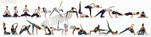 Image of Sporty woman doing yoga practice on white background, collage