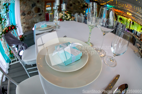 Image of Table setting for wedding party in restaurant