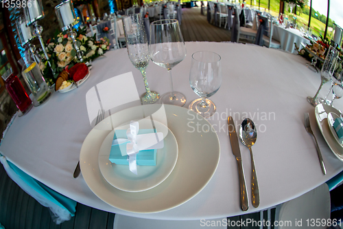 Image of Table setting for wedding party in restaurant