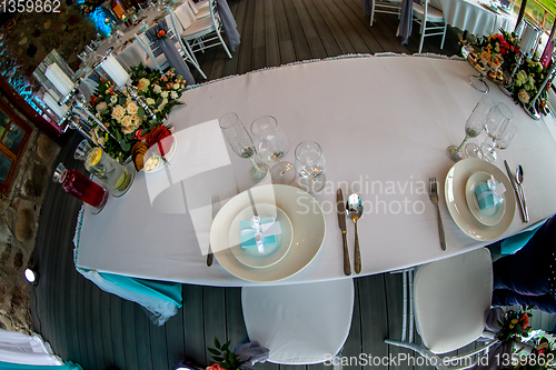 Image of Table setting for wedding party in restaurant