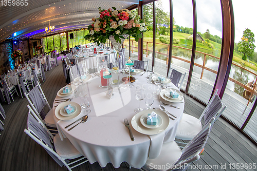 Image of Tables setting for wedding party in restaurant