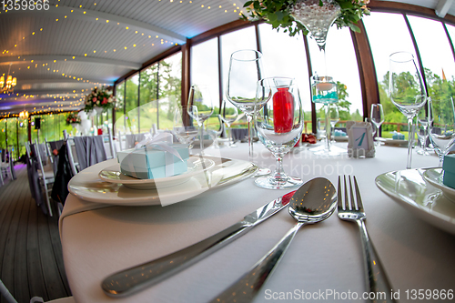 Image of Table setting for wedding party in restaurant