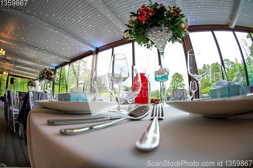 Image of Table setting for wedding party in restaurant