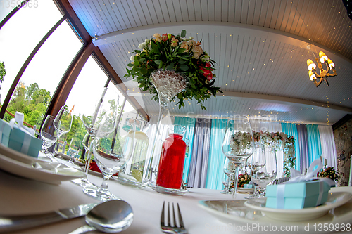 Image of Table setting for wedding party in restaurant