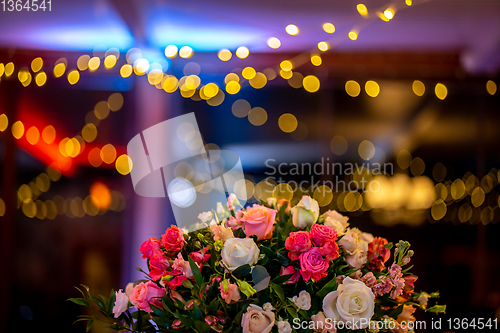 Image of Bridal flowers bouquet on colorful light background