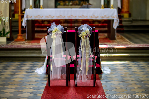 Image of Church decorated for wedding ceremony