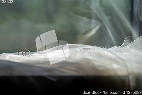 Image of Wedding rings on the bridal veil