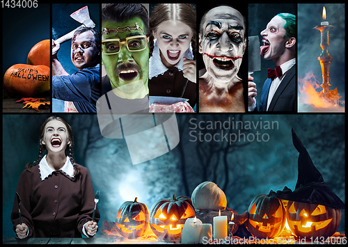 Image of Mystical characters in nightly creative collage. Concept of horror, Halloween time.