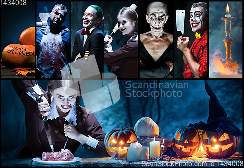 Image of Mystical characters in nightly creative collage. Concept of horror, Halloween time.