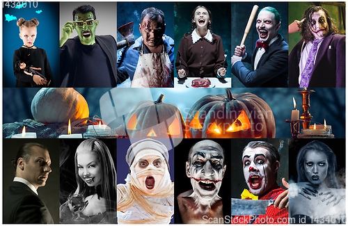 Image of Mystical characters in nightly creative collage. Concept of horror, Halloween time.