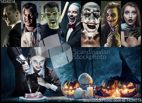 Image of Mystical characters in nightly creative collage. Concept of horror, Halloween time.