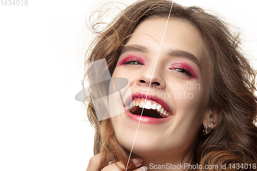 Image of Close up female portrait, dental whitening and cleaning before and after