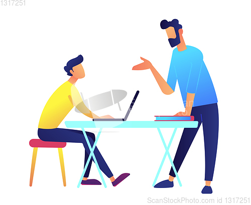 Image of Teacher giving a lecture and student with laptop at desk vector illustration.