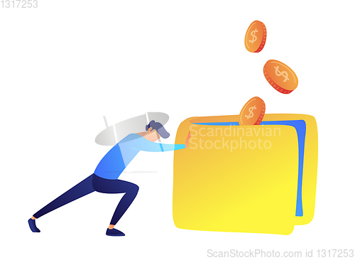 Image of Young businessman pushing big heavy wallet forward and coins falling into it vector illustration.