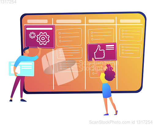 Image of Programmers putting cards on kanban board vector illustration.