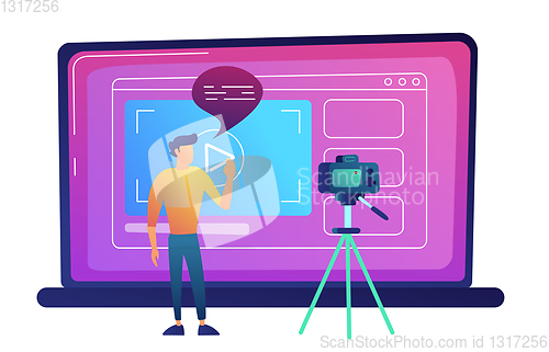 Image of Blogger recording video blog with camera for internet vector illustration.