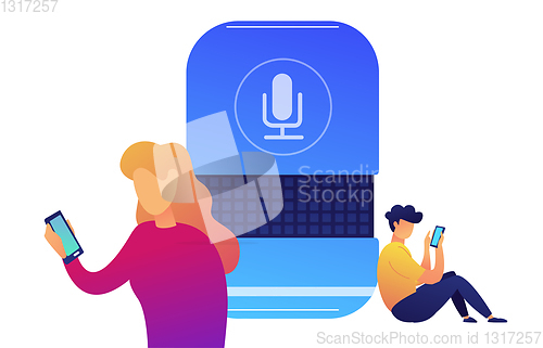 Image of Users with smartphones connected with smart speaker vector illustration.