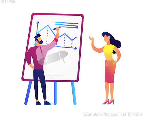 Image of Businessman drawing chart and discussing it with businesswoman vector illustration.